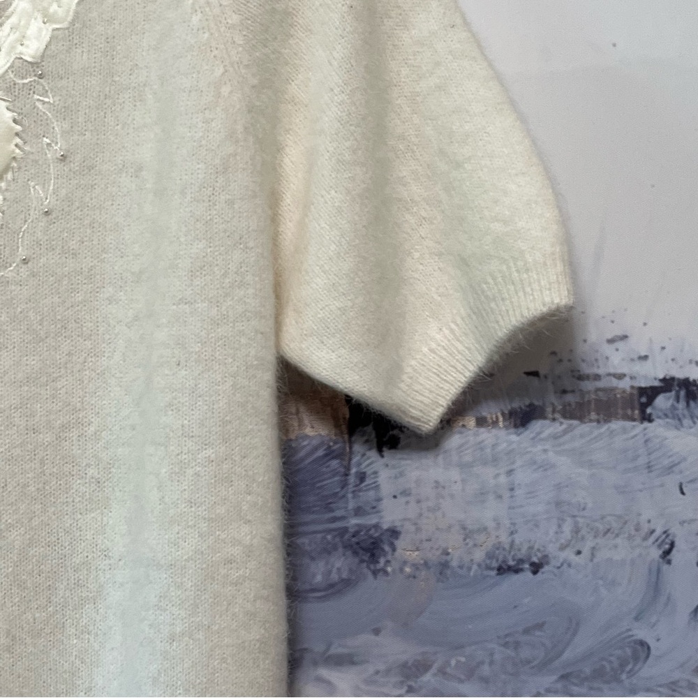 Vtg JUSTINE TODD Wool Angora ANGEL WINGS Sweater L Beaded Short Sleeve Mock Neck - Picture 7 of 14